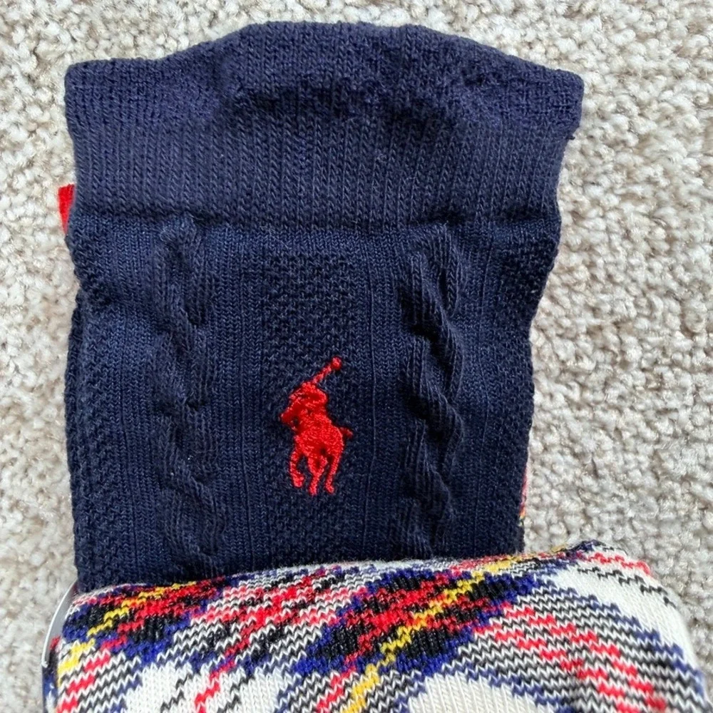 Polo Ralph Lauren Girls 3 Pack Plaid Crew Socks Red Navy White Size 9-11 NEW